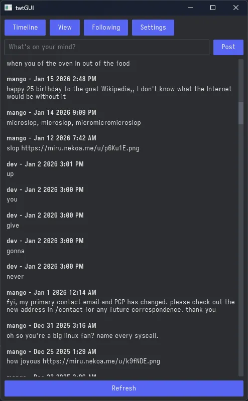 the iced client, showing the inital timeline