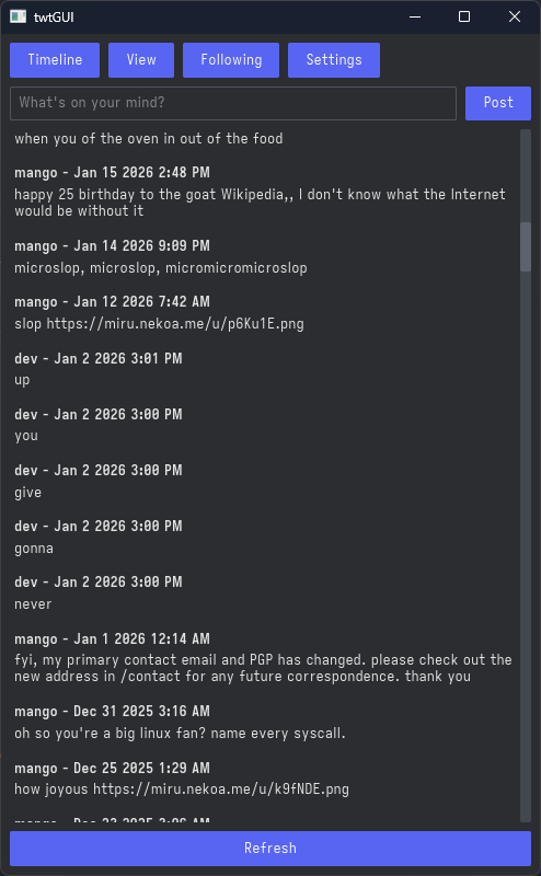 the iced client, showing the inital timeline
